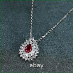 2Ct Pear Cut Simulated Ruby Halo Pendant 14k White Gold Plated 18'' Free Chain