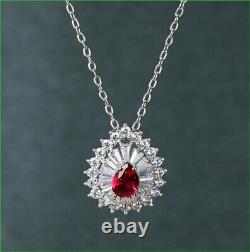 2Ct Pear Cut Simulated Ruby Halo Pendant 14k White Gold Plated 18'' Free Chain