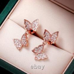 2Ct Round Cut Moissanite Butterfly Drop/Dangle Earrings In 14K Rose Gold Plated