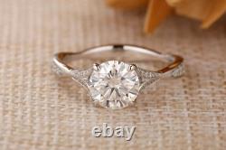 2Ct Round Cut Moissanite Halo Flower Engagement Ring In 14K White Gold Plated