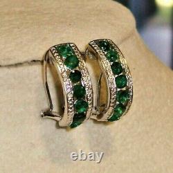 2Ct Round Cut Natural Green Emerald Hoop Earrings 14K White Gold Plated Silver