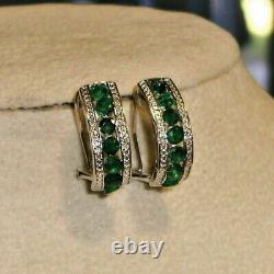 2Ct Round Cut Natural Green Emerald Hoop Earrings 14K White Gold Plated Silver