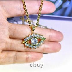 2Ct Round Cut Real Moissanite Evil Eye Pendant 14k Yellow Gold Silver Plated