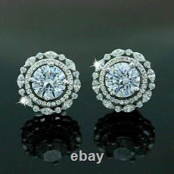 2Ct Round Cut Simulated Diamond Double Halo Stud Earrings 14k White Gold Plated
