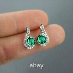 2Ct Round Cut Simulated Green Emerald Halo Stud Earrings 14K White Gold Plated