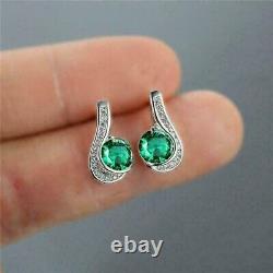 2Ct Round Cut Simulated Green Emerald Halo Stud Earrings 14K White Gold Plated