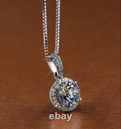 2Ct Round Cut Simulated Moissanite Halo Pendant 14K White Gold Plated Free Chain