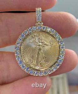 2Ct Round Real Moissanite Coin Medallion Pendant 14K Yellow Gold plated Silver