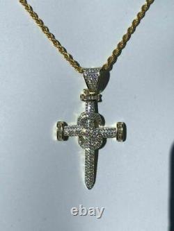 2Ct Round Simulated Moissanite 14K Yellow Gold Plated Cross Pendant Free Chain