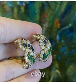 2Ct Round Simulated Ruby, Sapphire & Emerald Hoop Earrings 14K Yellow Gold Plated