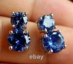 3.15 Ct Round Cut Simulated Blue Sapphire Stud Earrings In 14K White Gold Plated