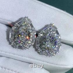 3.40Ct Pear Cut Real Moissanite Halo Stud Earrings 14K White Gold Silver Plated