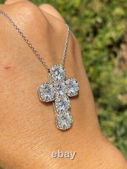3.40Ct Round Cut Real Moissanite Halo Cross Pendant 14K White Gold Silver Plated