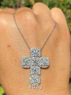 3.40Ct Round Cut Real Moissanite Halo Cross Pendant 14K White Gold Silver Plated