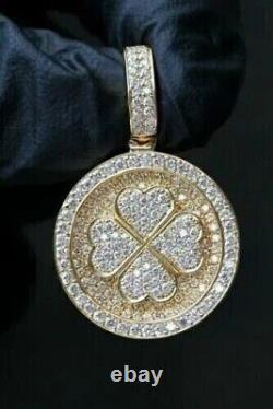 3.50Ct Round Cut Moissanite Men's 4 Leaf Clover Pendant 14k Yellow Gold Plated