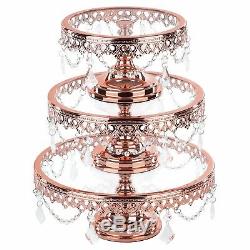 3-Piece Rose Gold Plated Cake Stand Set Glass Top Wedding Party Cupcake Display