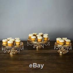 3-Piece Shiny Gold Plated Cake Stand Set Glass Top Wedding Party Cupcake Display 