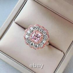 3Ct Cushion Cut Pink Sapphire Simulated Halo Wedding Ring 14K White Gold Plated