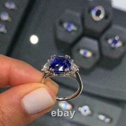 3Ct Cushion Simulated Blue Sapphire Three Stone Band Ring 14K White Gold Plated