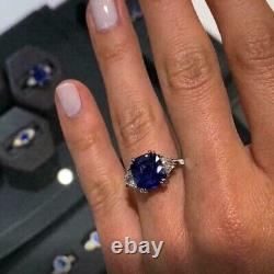 3Ct Cushion Simulated Blue Sapphire Three Stone Band Ring 14K White Gold Plated