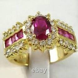 3Ct Oval Cut Simulated Red Ruby Women's Halo Ring 14K Yellow Gold Plated silver