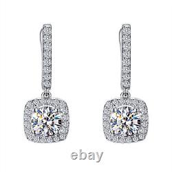 3Ct Round Cut Moissanite Halo Drop/Dangle Earrings 14K White Gold Plated Silver