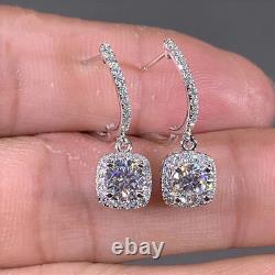 3Ct Round Cut Moissanite Halo Drop/Dangle Earrings 14K White Gold Plated Silver