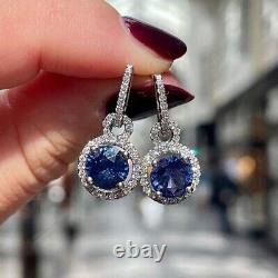 3Ct Round Cut Natural Tanzanite DropDangle Earrings 14K White Gold Silver Plated