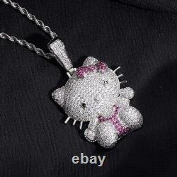 3Ct Round Cut Real Moissanite Cartoon Hello Kitty Pendant 14K White Gold Plated