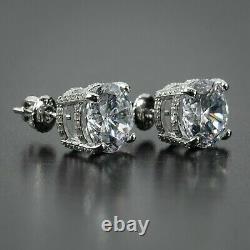 3Ct Round Cut Real Moissanite Men's Cluster Stud Earrings 14K White Gold Plated