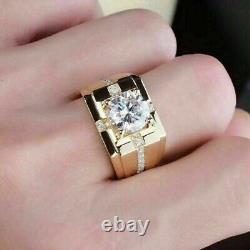 3Ct Round Cut Real Moissanite Solitaire Men's Ring 14k Yellow Gold Silver Plated