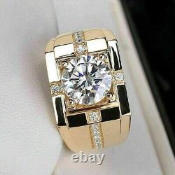 3Ct Round Cut Real Moissanite Solitaire Men's Ring 14k Yellow Gold Silver Plated