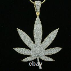 3Ct Round Cut Simulated Moissanite Marijuana Leaf Pendent 14K Yellow Gold Plated