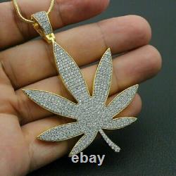 3Ct Round Cut Simulated Moissanite Marijuana Leaf Pendent 14K Yellow Gold Plated