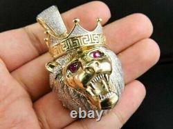 3Ct Round Real Moissanite Men's Lion Head Pendant 14K Yellow Gold Plated Silver