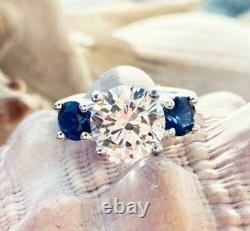 4.00Ct Round Cut Simulated Blue Sapphire and Moissanite 14k White Gold Plated