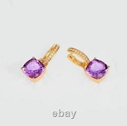 4.25Ct Cushion Cut Simulated Amethyst DropDangle Earrings 14K Yellow Gold Plated