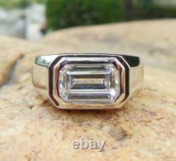 4.50 Ct Emerald Cut Moissanite West Bezel Set Men's Ring 14k White Gold Plated