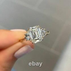 4. CT Emerald Cut Moissanite Women Three Stone Engagement Ring White Gold Plated