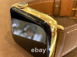 44mm Apple Watch Series 5 Stainless Steel Case Custom 24K Gold Plated Brown Band