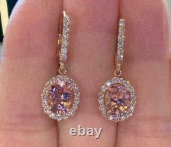 4Ct Oval Cut Natural Morganite Halo Drop & Dangle Earrings 14K Rose Gold Plated