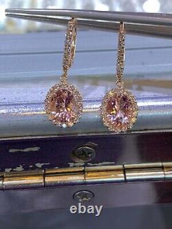 4Ct Oval Cut Natural Morganite Halo Drop & Dangle Earrings 14K Rose Gold Plated