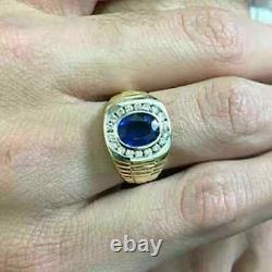 4Ct Oval Cut Simulated Blue Sapphire Men's Ring 14K Yellow Gold Plated Silver