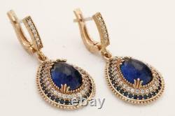 4Ct Pear Cut Lab Created Deep Blue Sapphire Halo Earrings 14K Yellow Gold Plated