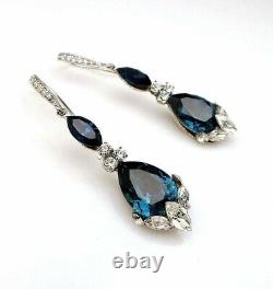 4Ct Pear Cut Natural Sapphire Drop/Dangle Earrings 14K White Gold Plated Silver