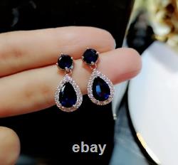 4Ct Pear Simulated Blue Sapphire Halo DropDangle Earrings 14K White Gold Plated