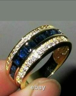 4Ct Princess Lab Created Blue Sapphire Men's Wedding Ring 14K Yellow Gold Plated