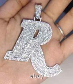 4Ct Round Cut Moissanite Mens Customize Letter'R' Pendant 14K White Gold Plated