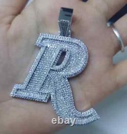 4Ct Round Cut Moissanite Mens Customize Letter'R' Pendant 14K White Gold Plated