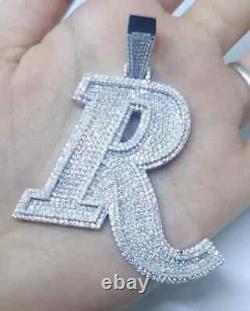 4Ct Round Cut Moissanite Mens Customize Letter'R' Pendant 14K White Gold Plated